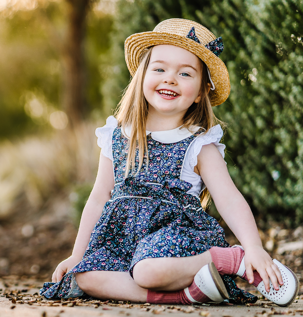 Button Bib Dress + Bow - Ruby