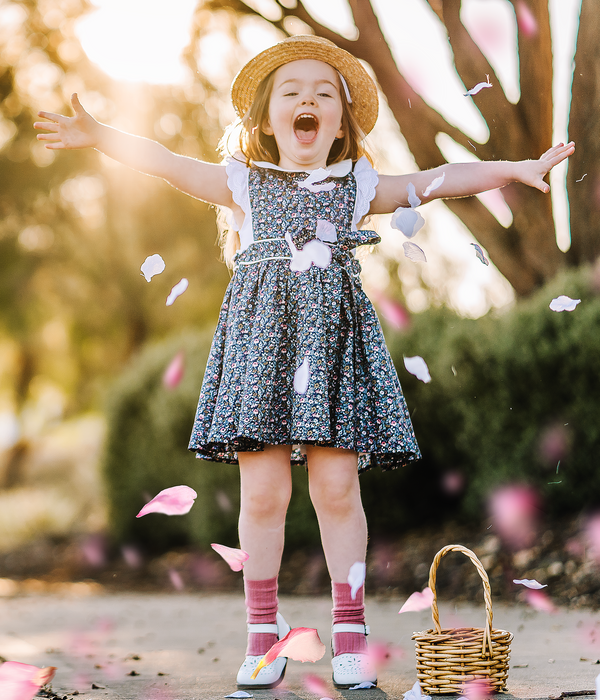 Button Bib Dress + Bow - Ruby
