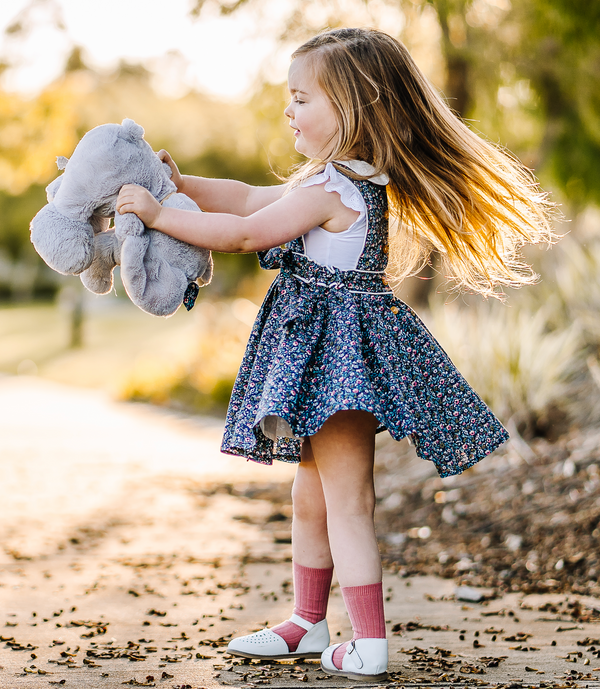 Button Bib Dress + Bow - Ruby