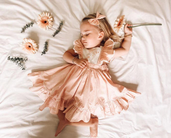 Ruffle Bib Dress + Bow - Peach