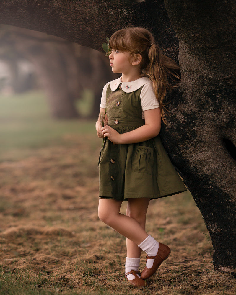 Button Pinny + Top Knot Headwrap - Olive
