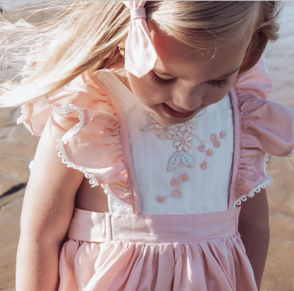 Ruffle Bib Dress + Bow - Peach