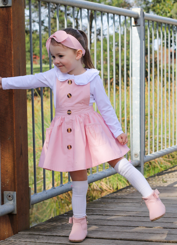 Button Pinny + Top Knot Headwrap - Pink, - LollipopHouse