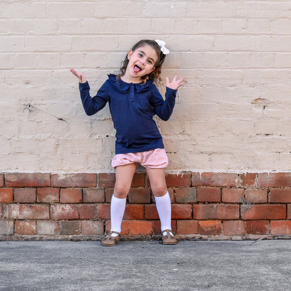 Ruffle Long Sleeve - Navy, - LollipopHouse