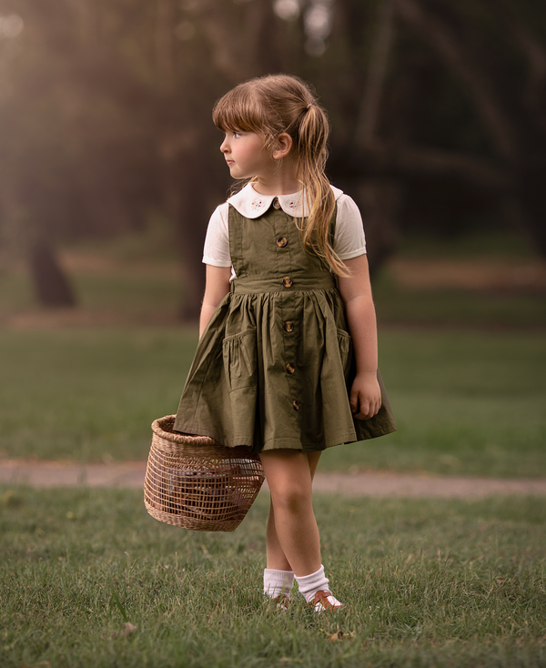 Button Pinny + Top Knot Headwrap - Olive