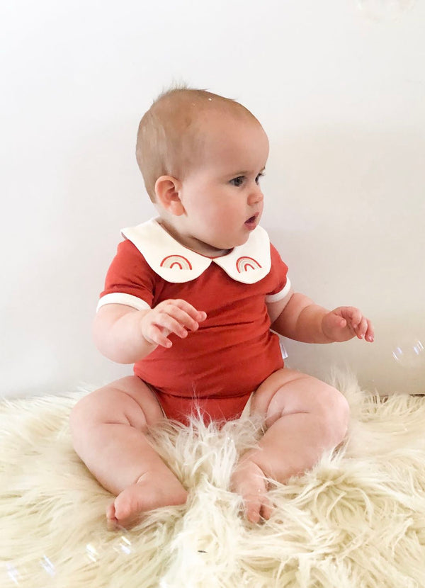 Comfy Summer Collared Top/Romper - Rust w Rainbow