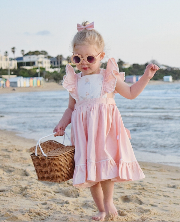 Ruffle Bib Dress + Bow - Peach