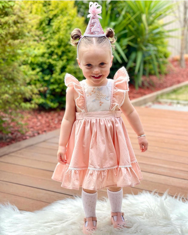 Ruffle Bib Dress + Bow - Peach
