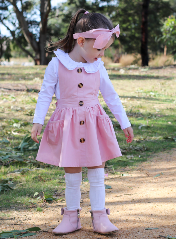 Button Pinny + Top Knot Headwrap - Pink, - LollipopHouse