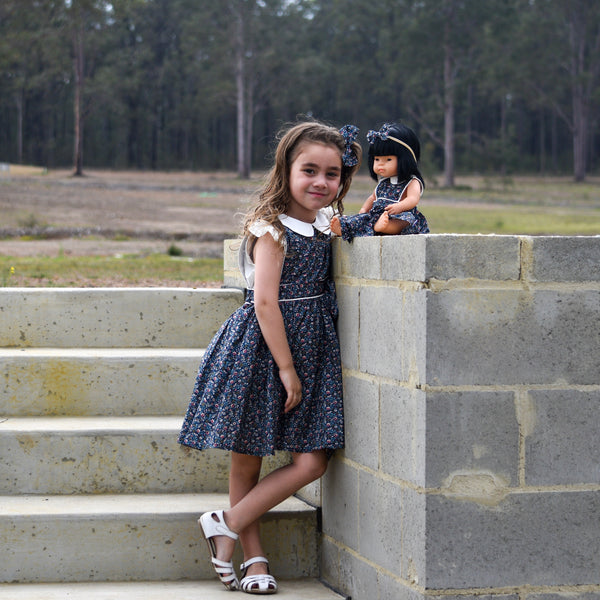 Doll Button Bib Dress + Bow - Ruby