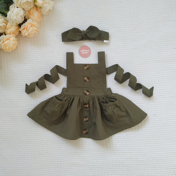 Button Pinny + Top Knot Headwrap - Olive,  - LollipopHouse