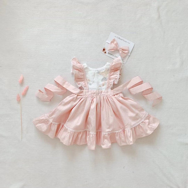 Ruffle Bib Dress + Bow - Peach