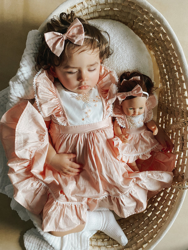 Doll Ruffle Bib Dress + Bow - Peach