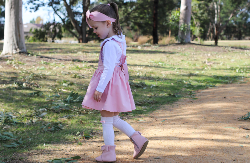 Button Pinny + Top Knot Headwrap - Pink,  - LollipopHouse